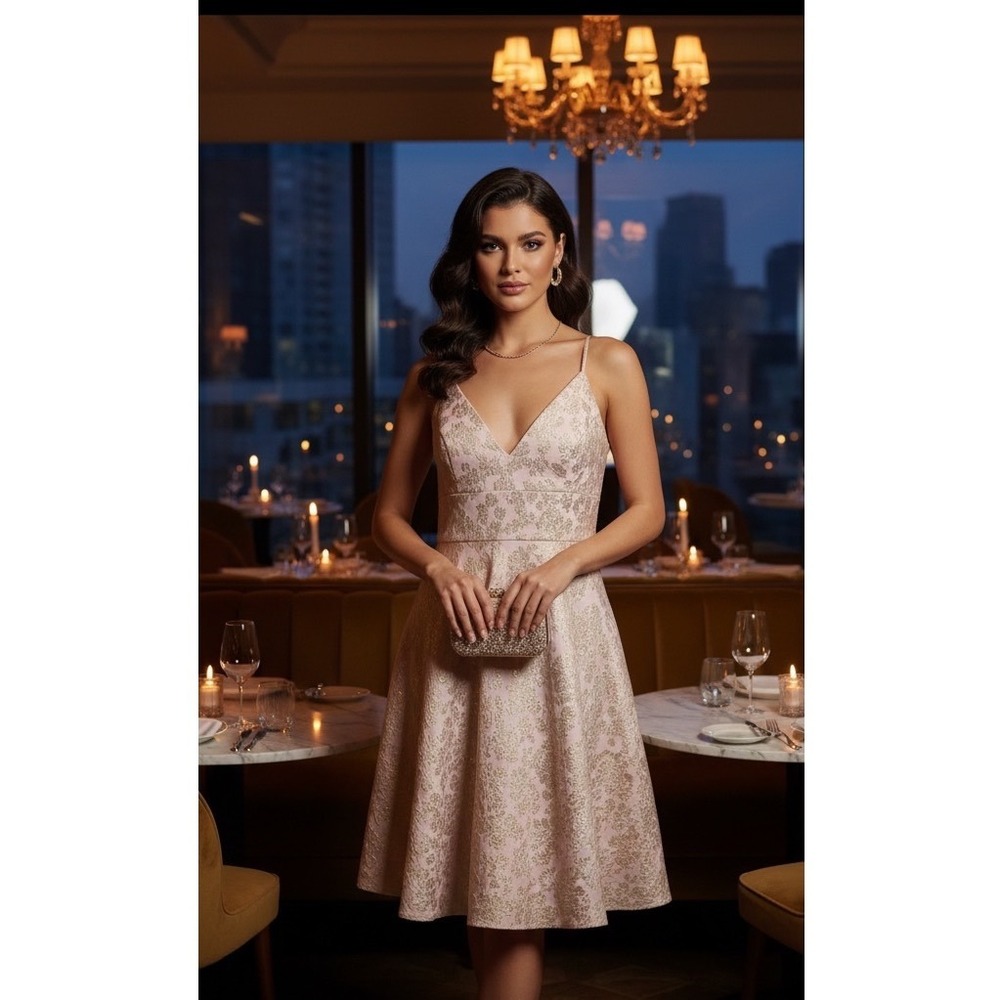 Badgley Mischka Dress Womenโ 10 Pink Golden Hue Shimmer Flirty Fit & Flare